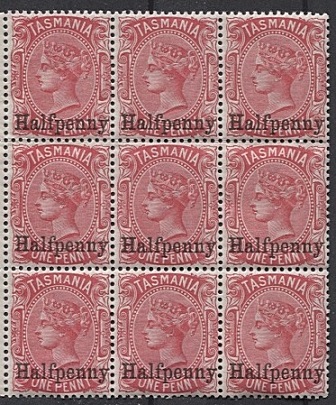 A block of the halfpenny overprinted on 1d stamps from Tasmania featuring Queen Victoria.