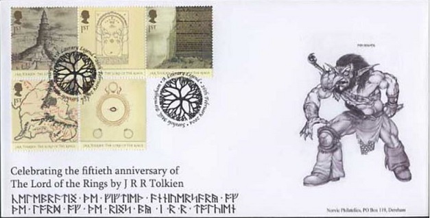 Norvic Philatelics first day cover for stamps celebrating the 50th Anniversary of the Lord of the Rings by J.R.R. Tolkien, with text in his Dwarvish Runes.