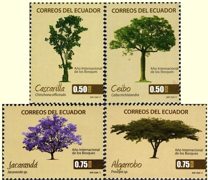Stamps from Ecuador featuring Jacaranda, Cascarilla, Ceibo and Algarrobo trees.