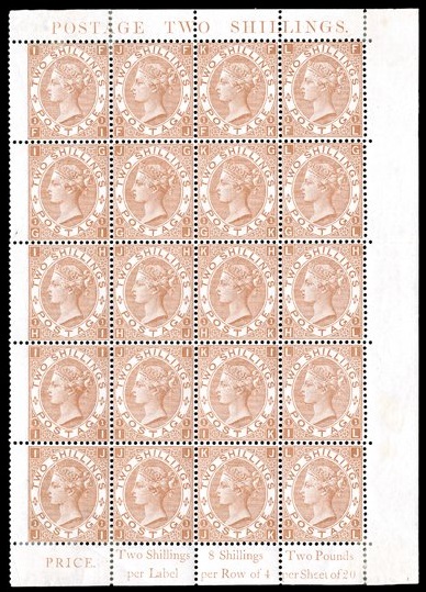 A sheet of 2/- stamps, showing the wing margins.
