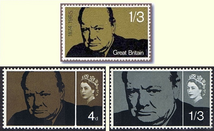 Essay for the 1/3 Churchill commemorative stamp, without the Queen's head and with Great Britain, with the issued stamps designed by David Gentleman.