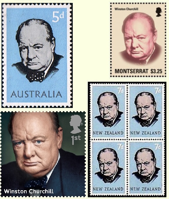 Australia and New Zealand Churchill stamps from 1965, and 2014 Churchill stamps from Montserrat and Great Britain.