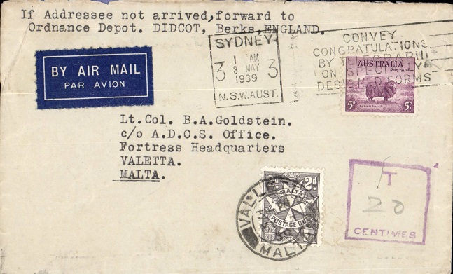 1939 New South Wales airmail to Malta with T 20 Centimes box.
