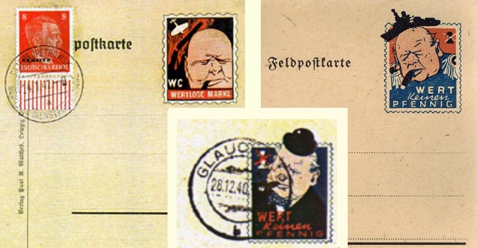 Examples of German propaganda cards, with a 'worthless stamp' depicting Winston Churchill.
